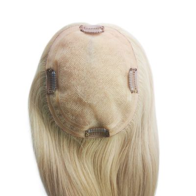 Mono Base PU European Human Hair Topper 5.5X6 Straight Blonde Hair Toupee met clip 16&quot; voor vrouwen